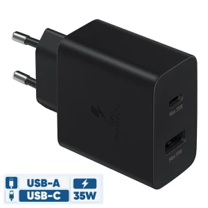 شارژر 35 وات سامسونگ مدل EP-TA220، دارای خروجی USB Type-C 3.2، امکان شارژ کردن سریع‌تر موبایل و تبلت با شدت‌ جریان 2.0 آمپر و بالاتر