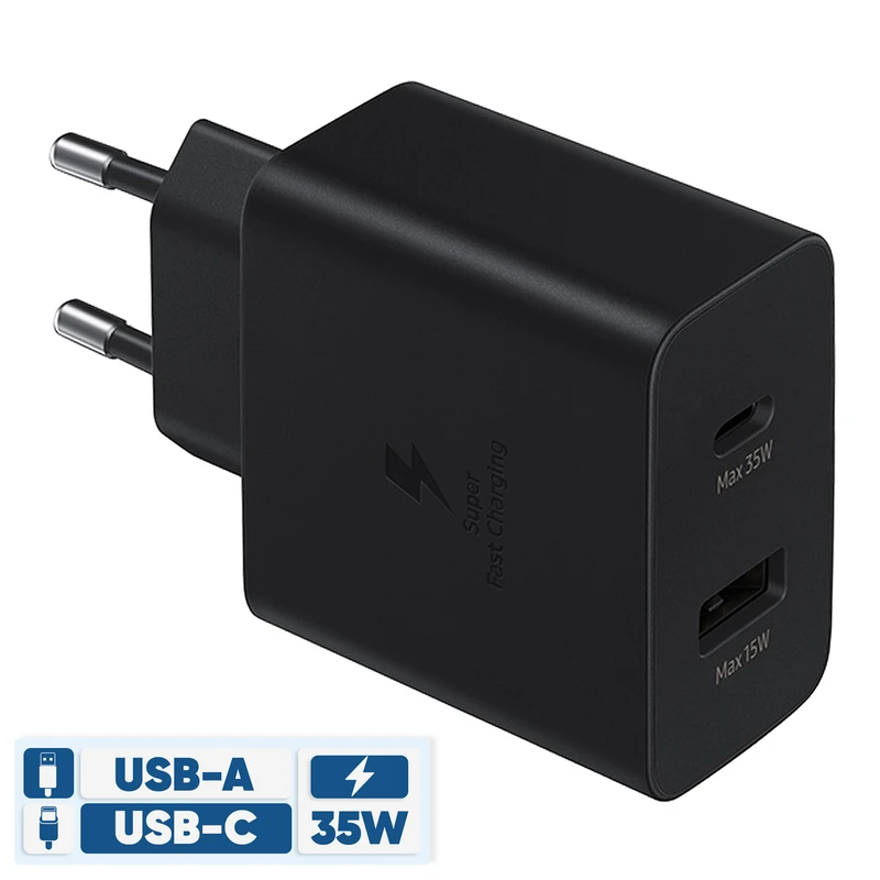 شارژر 35 وات سامسونگ مدل EP-TA220، دارای خروجی USB Type-C 3.2، امکان شارژ کردن سریعتر موبایل و تبلت با شدت جریان 2.0 آمپر و بالاتر