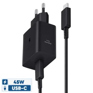 شارژر فست 45 وات سامسونگ مدل EP-T4511 Low Standby به همراه کابل 1.8 متری_دو پین، دارای خروجی USB Type-C، امکان شارژ کردن سریع‌تر موبایل و تبلت با شدت‌ جریان 2.0 آمپر و بالاتر،