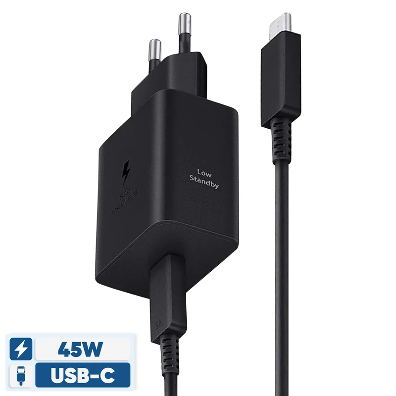 شارژر فست 45 وات سامسونگ مدل EP-T4511 Low Standby به همراه کابل 1.8 متری_دو پین، دارای خروجی USB Type-C، امکان شارژ کردن سریعتر موبایل و تبلت با شدت جریان 2.0 آمپر و بالاتر،